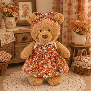 Large Bartholomew Bear & 16" Plush Clothes Outfit - Orange Floral Dress